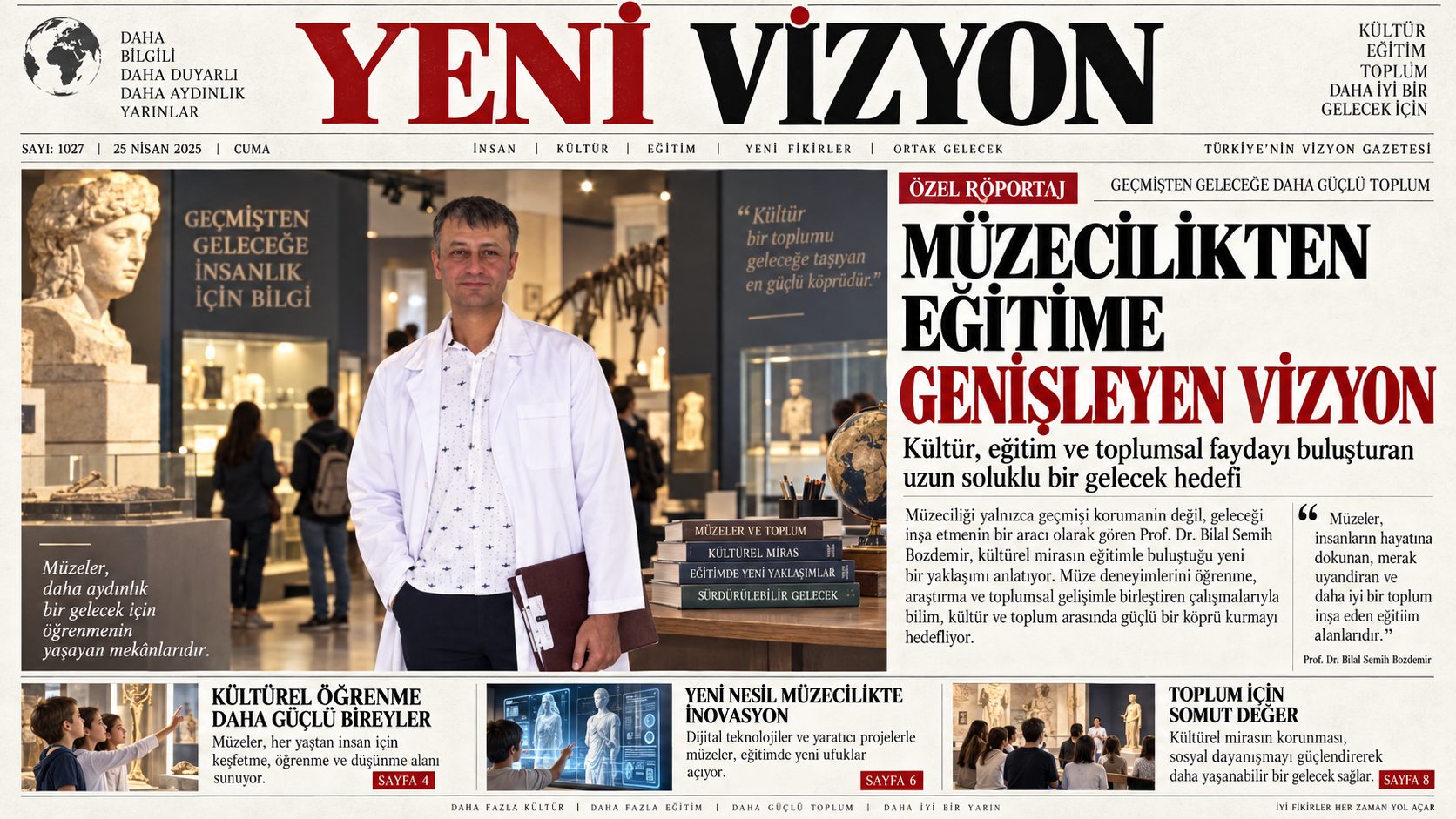 müzecilik, kültürel miras ve eğitim temalı yapay zekâ ile hazırlanmış temsili manşet